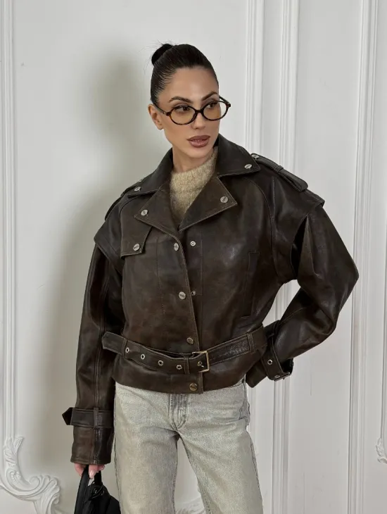 Женская косуха - жилет 2в1 трансформер из натуральной винтажной кожи