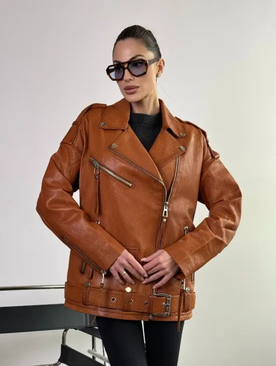 Удлиненная косуха «Прямой Оверсайз» из натуральной кожи whiskey