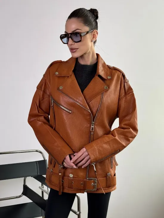 Удлиненная косуха «Прямой Оверсайз» из натуральной кожи whiskey