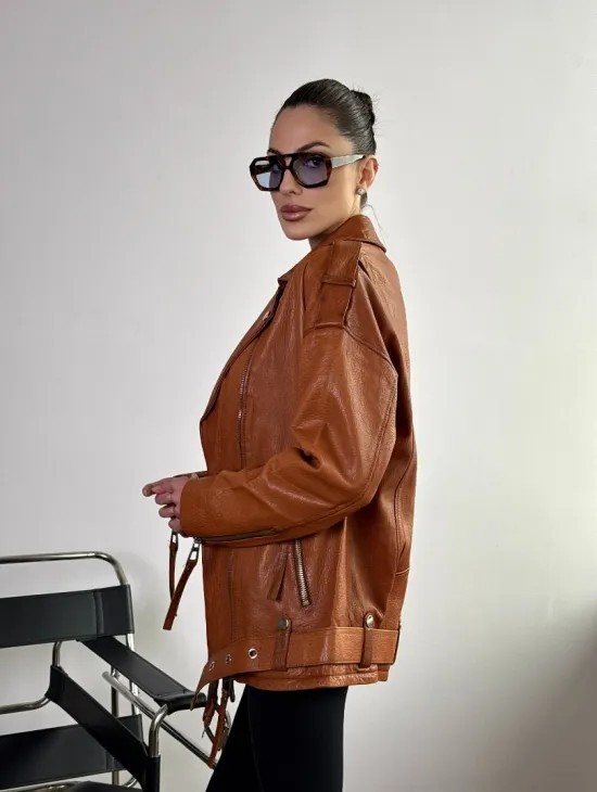 Удлиненная косуха «Прямой Оверсайз» из натуральной кожи whiskey