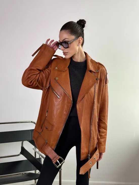 Удлиненная косуха «Прямой Оверсайз» из натуральной кожи whiskey