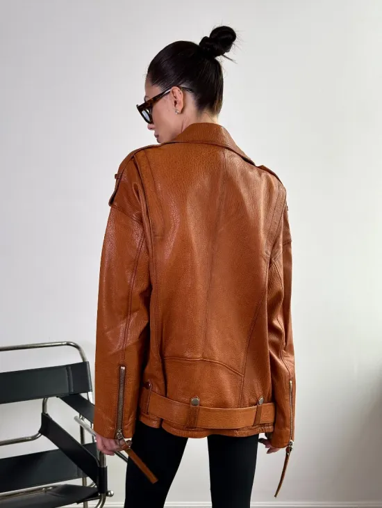 Удлиненная косуха «Прямой Оверсайз» из натуральной кожи whiskey