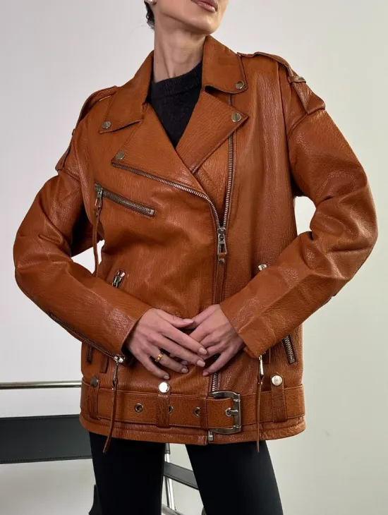 Удлиненная косуха «Прямой Оверсайз» из натуральной кожи whiskey