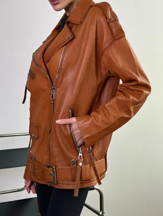 Удлиненная косуха «Прямой Оверсайз» из натуральной кожи whiskey