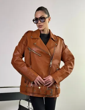 Удлиненная косуха «Прямой Оверсайз» из натуральной кожи whiskey