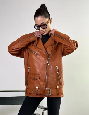 Удлиненная косуха «Прямой Оверсайз» из натуральной кожи whiskey