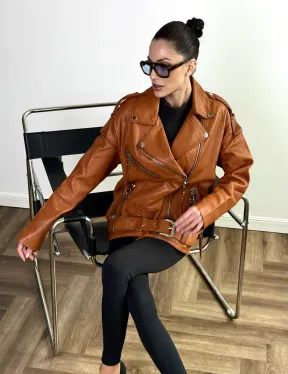 Удлиненная косуха «Прямой Оверсайз» из натуральной кожи whiskey