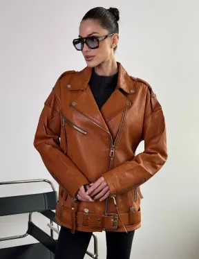 Удлиненная косуха «Прямой Оверсайз» из натуральной кожи whiskey