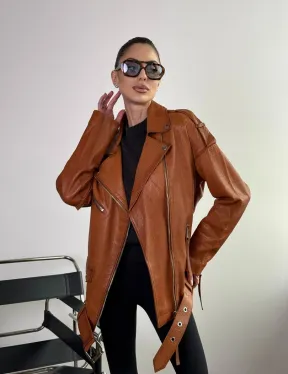 Удлиненная косуха «Прямой Оверсайз» из натуральной кожи whiskey