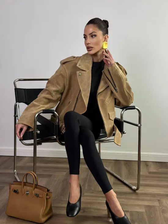 Косуха «Прямой Оверсайз» из мягкой кожи (замши) Camel