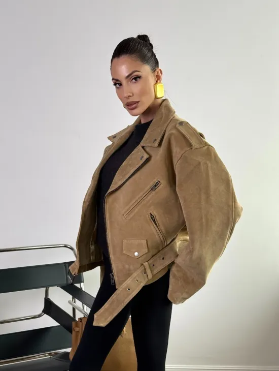 Косуха «Прямой Оверсайз» из мягкой кожи (замши) Camel