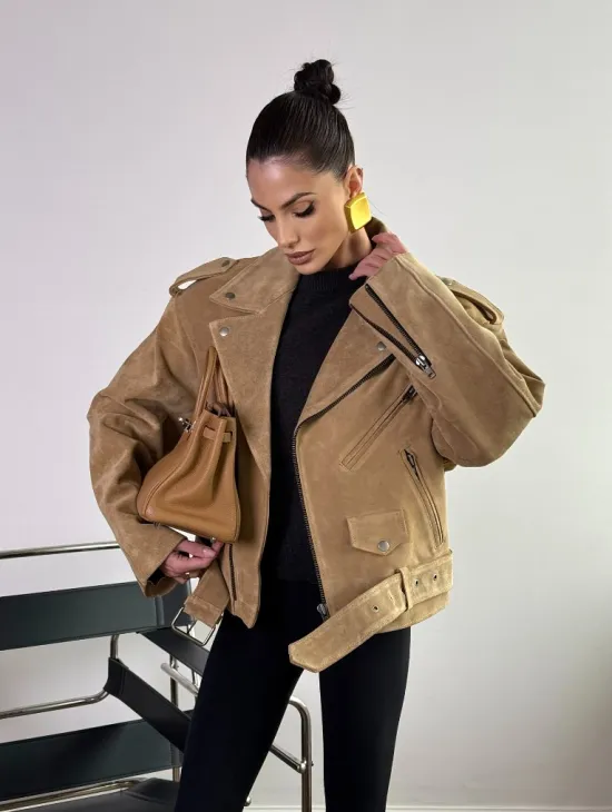 Косуха «Прямой Оверсайз» из мягкой кожи (замши) Camel