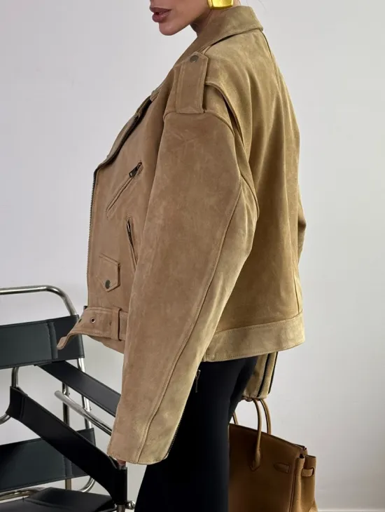 Косуха «Прямой Оверсайз» из мягкой кожи (замши) Camel