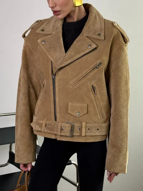 Косуха «Прямой Оверсайз» из мягкой кожи (замши) Camel