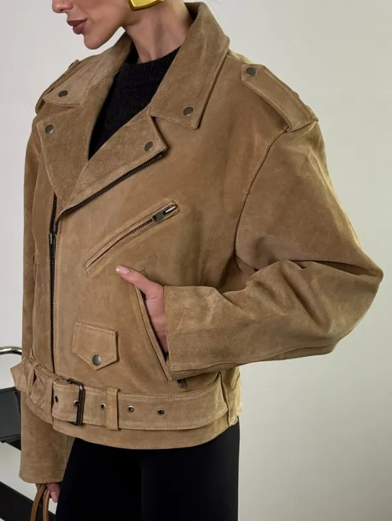 Косуха «Прямой Оверсайз» из мягкой кожи (замши) Camel