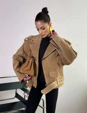 Косуха «Прямой Оверсайз» из мягкой кожи (замши) Camel