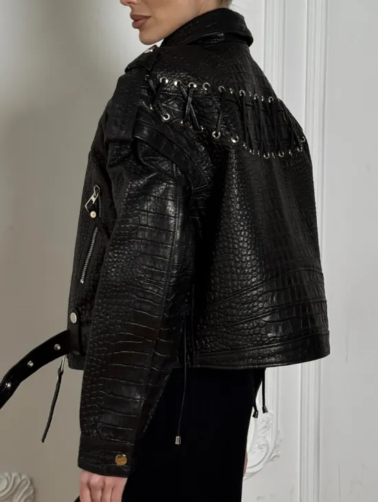 Укороченная куртка из натуральной кожи «CROCO» BLACK со шнуровкой на спине