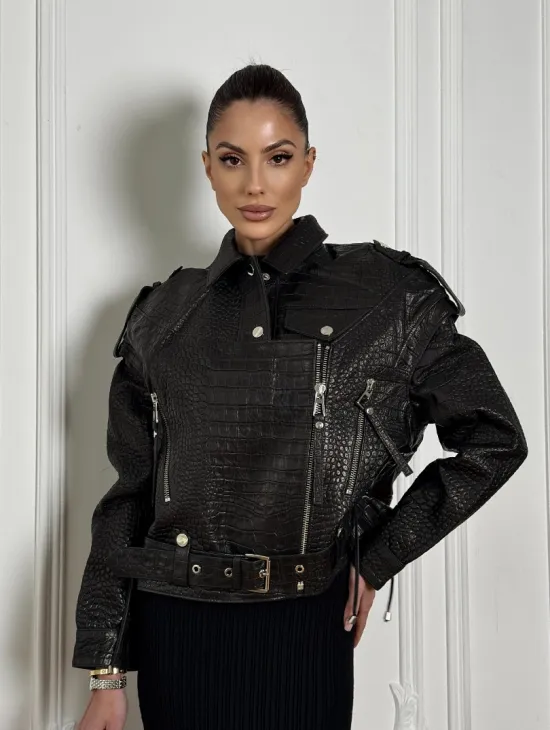 Укороченная куртка из натуральной кожи «CROCO» BLACK со шнуровкой на спине