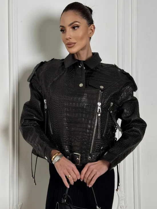 Укороченная куртка из натуральной кожи «CROCO» BLACK со шнуровкой на спине