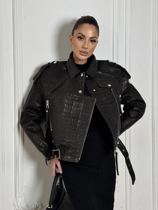 Укороченная куртка из натуральной кожи «CROCO» BLACK со шнуровкой на спине