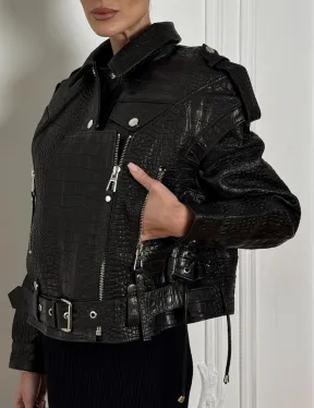 Укороченная куртка из натуральной кожи «CROCO» BLACK со шнуровкой на спине