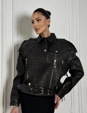 Укороченная куртка из натуральной кожи «CROCO» BLACK со шнуровкой на спине