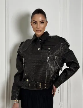 Укороченная куртка из натуральной кожи «CROCO» BLACK со шнуровкой на спине