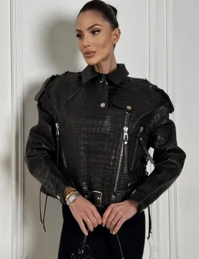 Укороченная куртка из натуральной кожи «CROCO» BLACK со шнуровкой на спине