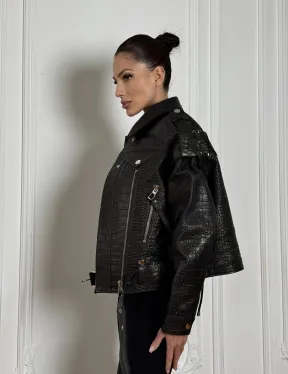 Укороченная куртка из натуральной кожи «CROCO» BLACK со шнуровкой на спине