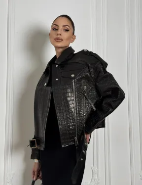 Укороченная куртка из натуральной кожи «CROCO» BLACK со шнуровкой на спине