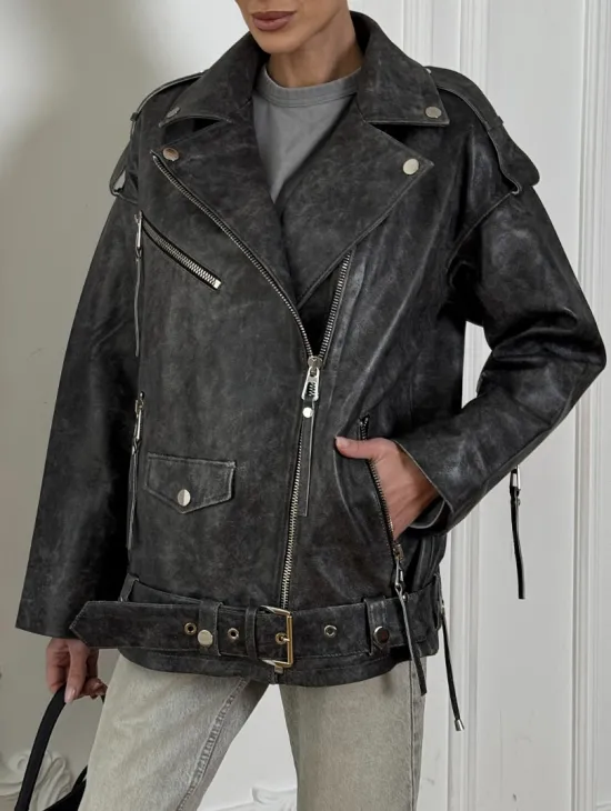 Женская кожаная куртка авиатор со шнуровкой на спине Dark grey