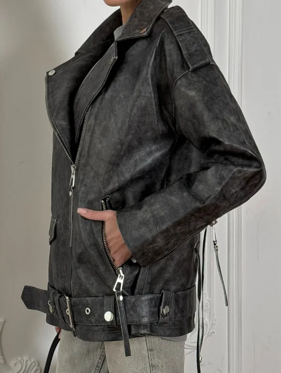 Женская кожаная куртка авиатор со шнуровкой на спине Dark grey