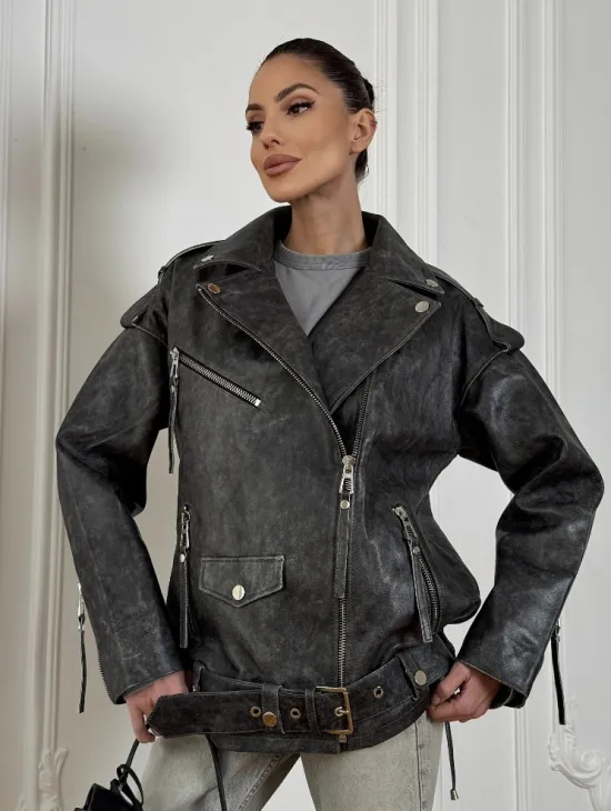 Женская кожаная куртка авиатор со шнуровкой на спине Dark grey