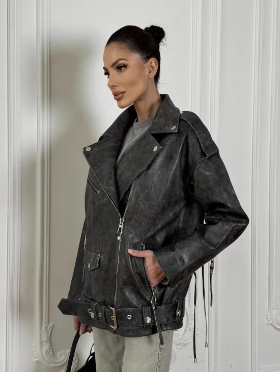 Женская кожаная куртка авиатор со шнуровкой на спине Dark grey