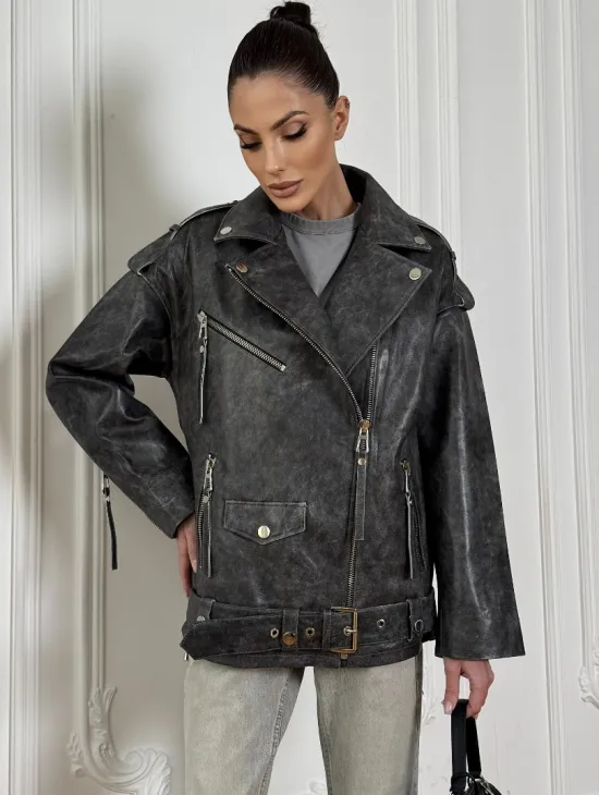 Женская кожаная куртка авиатор со шнуровкой на спине Dark grey
