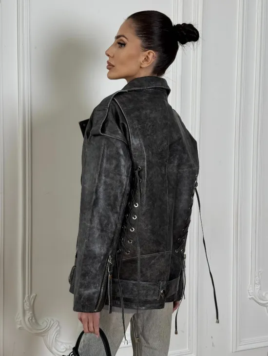 Женская кожаная куртка авиатор со шнуровкой на спине Dark grey