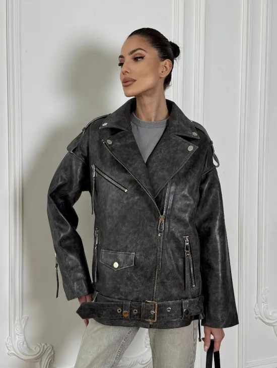 Женская кожаная куртка авиатор со шнуровкой на спине Dark grey
