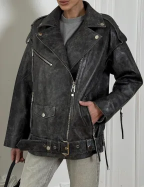 Женская кожаная куртка авиатор со шнуровкой на спине Dark grey