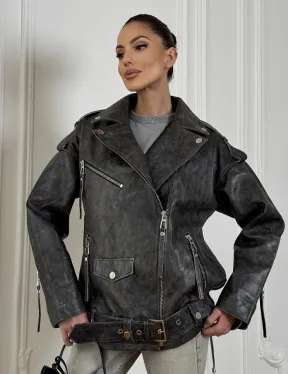 Женская кожаная куртка авиатор со шнуровкой на спине Dark grey