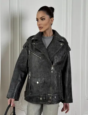 Женская кожаная куртка авиатор со шнуровкой на спине Dark grey