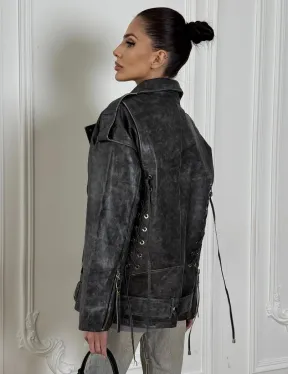 Женская кожаная куртка авиатор со шнуровкой на спине Dark grey