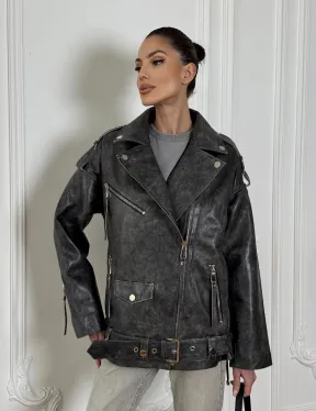 Женская кожаная куртка авиатор со шнуровкой на спине Dark grey