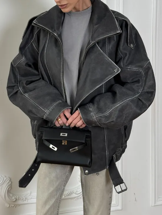Кожаный женский бомбер Vintage grey с двойным воротником и затертыми швами