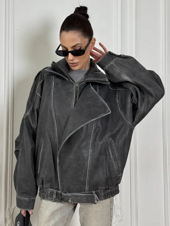 Кожаный женский бомбер Vintage grey с двойным воротником и затертыми швами