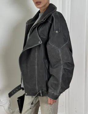 Кожаный женский бомбер Vintage grey с двойным воротником и затертыми швами