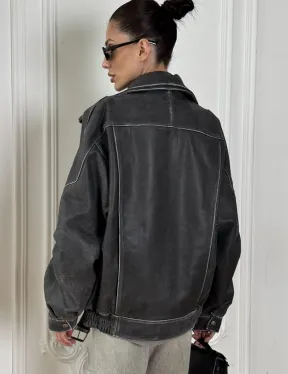 Кожаный женский бомбер Vintage grey с двойным воротником и затертыми швами