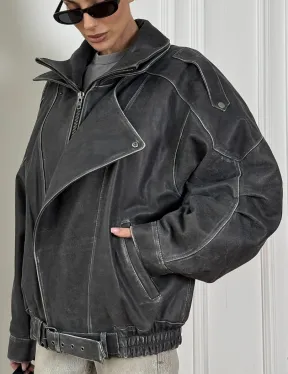 Кожаный женский бомбер Vintage grey с двойным воротником и затертыми швами