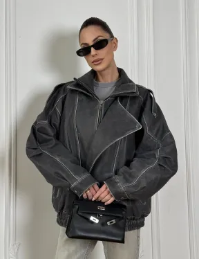 Кожаный женский бомбер Vintage grey с двойным воротником и затертыми швами