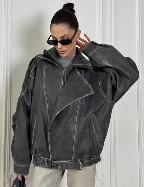 Кожаный женский бомбер Vintage grey с двойным воротником и затертыми швами