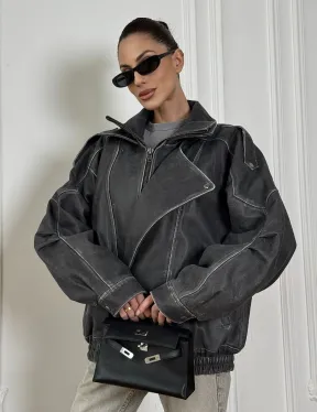 Кожаный женский бомбер Vintage grey с двойным воротником и затертыми швами